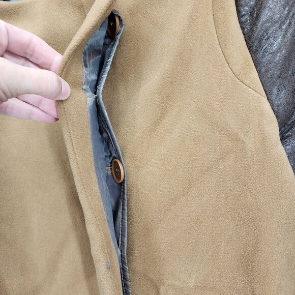 BCBGMAXAZRIA Womens Size Large Long Camel Coat With Brown Faux Leather Sleeves - Picture 6 of 13